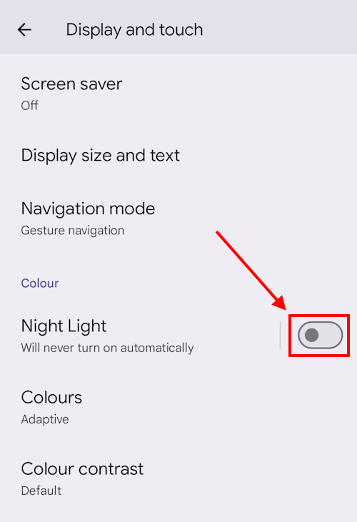 Tap the toggle switch for Night Light to turn it on